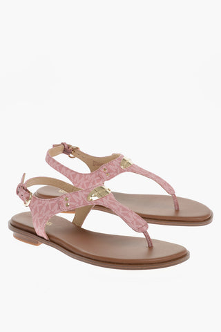 MICHAEL Logoed Faux Leather PLATE Thong Sandals with Golden Details