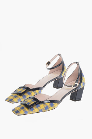 Plaid Checked BELLE Ankle-Strap Pumps with Patent Leather Trims Heel 5cm