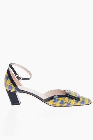 Plaid Checked BELLE Ankle-Strap Pumps with Patent Leather Trims Heel 5cm