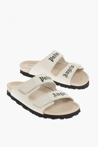 Leather Sandals With Logo Print And Stretch Closure