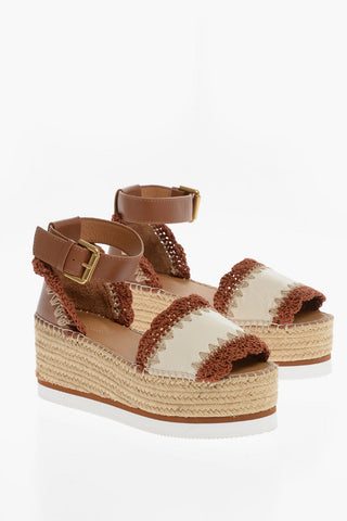 SEE BY Leather And Braided Fabric Ankle Strap Sandals with Raffia Platform 7,5cm