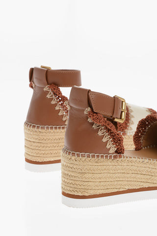SEE BY Leather And Braided Fabric Ankle Strap Sandals with Raffia Platform 7,5cm