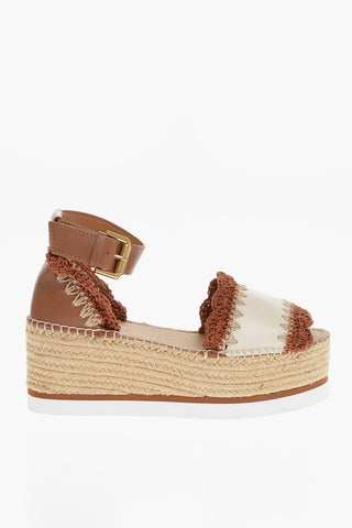 SEE BY Leather And Braided Fabric Ankle Strap Sandals with Raffia Platform 7,5cm