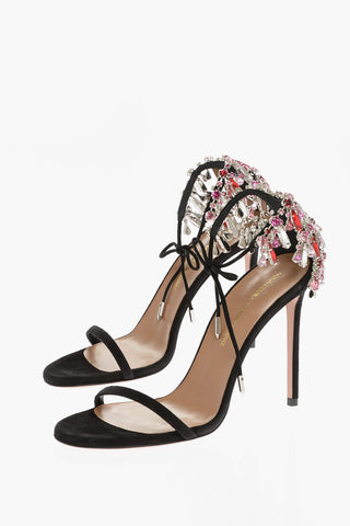 Suede MOONWALK Ankle-Strap Sandals with Jewels and Stiletto Heel 10.5cm