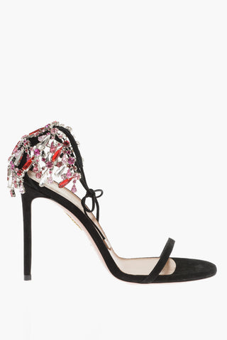 Suede MOONWALK Ankle-Strap Sandals with Jewels and Stiletto Heel 10.5cm