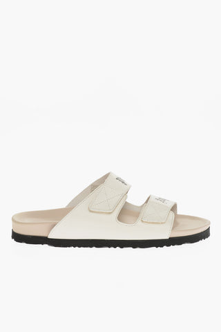 Leather Sandals With Logo Print And Stretch Closure