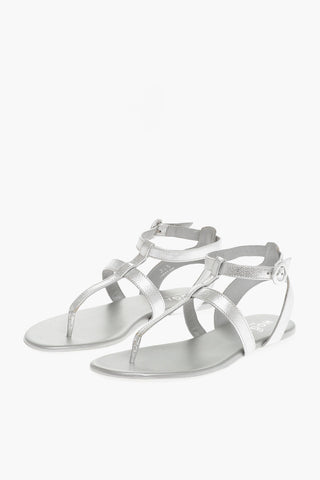Textured Leather Thong Ankle Strap Sandals