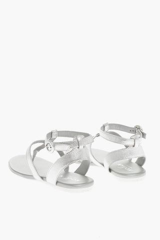 Textured Leather Thong Ankle Strap Sandals