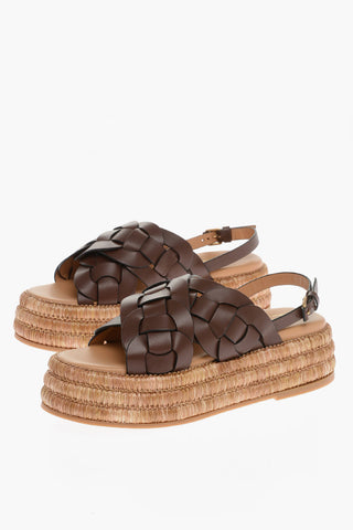 Braided Leather Sandals with Raffia sole and Platform 5cm