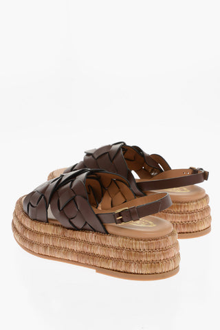 Braided Leather Sandals with Raffia sole and Platform 5cm