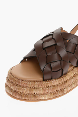 Braided Leather Sandals with Raffia sole and Platform 5cm