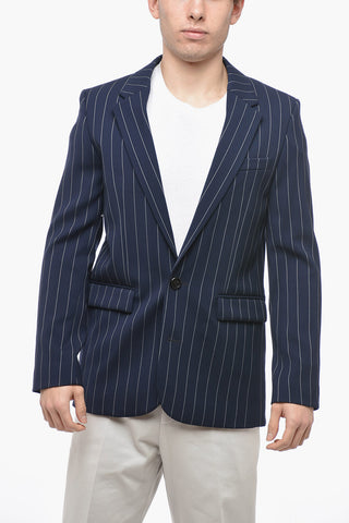 Pinstriped Cotton Blend Blazer with Flap Pockets