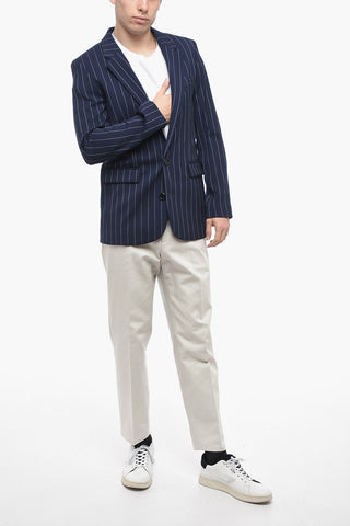 Pinstriped Cotton Blend Blazer with Flap Pockets