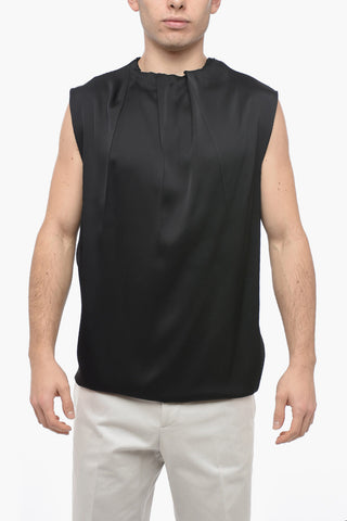 Silk Blend Tank Top with Pleated Neck