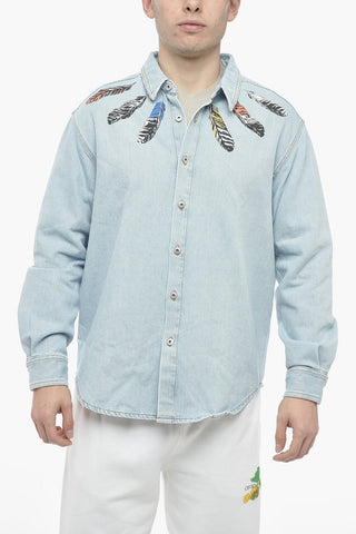 Denim Shirt with Multicolored Feathers Print