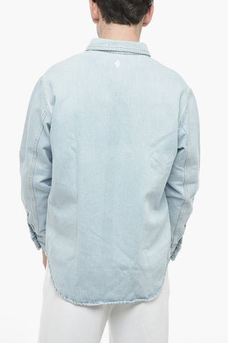 Denim Shirt with Multicolored Feathers Print