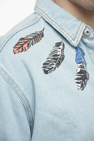 Denim Shirt with Multicolored Feathers Print