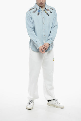 Denim Shirt with Multicolored Feathers Print