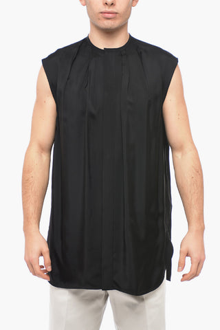 Sleeveless Satin Shirt with Pleated Neck