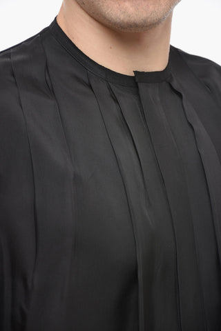 Sleeveless Satin Shirt with Pleated Neck