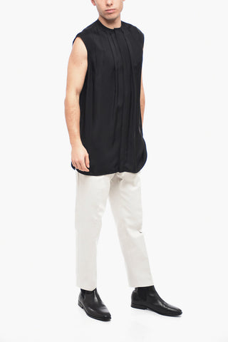 Sleeveless Satin Shirt with Pleated Neck