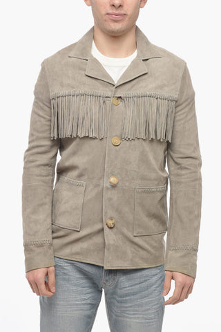 Giubbotto in Suede con Frange e Tasche a Toppa