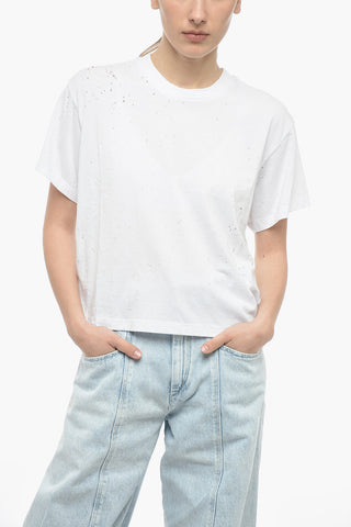 Distressed Effect Solid Color SLASH Crew-neck T-Shirt