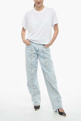 Distressed Effect Solid Color SLASH Crew-neck T-Shirt