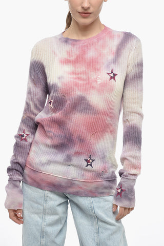 Tie-Dye Effect Cashmere Crew-neck Sweater with Embroidered Stars