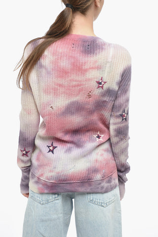 Tie-Dye Effect Cashmere Crew-neck Sweater with Embroidered Stars