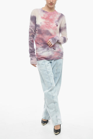 Tie-Dye Effect Cashmere Crew-neck Sweater with Embroidered Stars