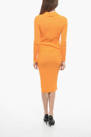 Ribbed Cotton Midi Dress with Polo Neck