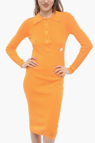 Ribbed Cotton Midi Dress with Polo Neck