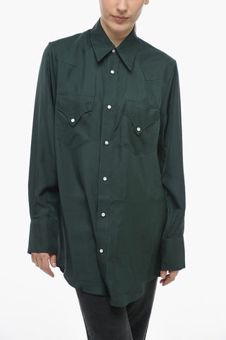 Solid Color Silk Shirt with Double Breast Pocket