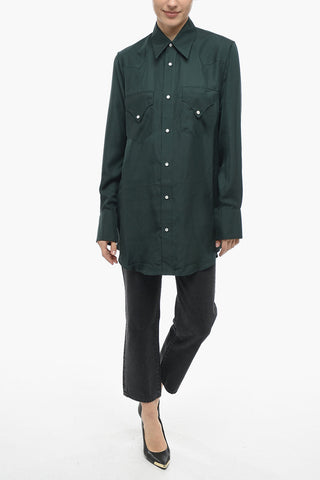 Solid Color Silk Shirt with Double Breast Pocket