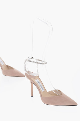 Suede SAEDA Ankle-Strap Pumps Embellished with Rhinestones Heel 10cm