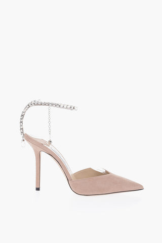 Suede SAEDA Ankle-Strap Pumps Embellished with Rhinestones Heel 10cm
