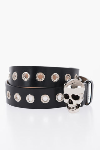 Leather Belt with Skull-Shaped Buckle 35mm