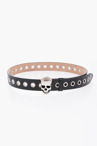 Leather Belt with Skull-Shaped Buckle 35mm