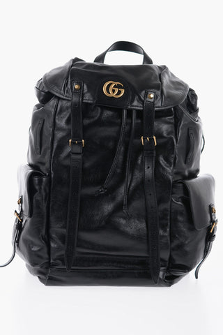 Multi-Pocket Leather Backpack with Golden Details