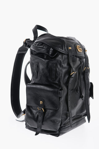 Multi-Pocket Leather Backpack with Golden Details