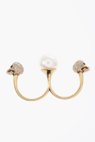 Anello Doppio con Maxi Perla e Teschi impreziositi da Strass