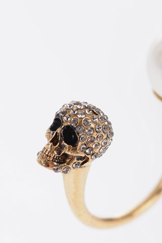 Anello Doppio con Maxi Perla e Teschi impreziositi da Strass