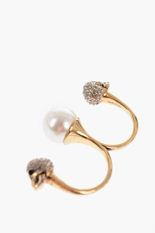 Anello Doppio con Maxi Perla e Teschi impreziositi da Strass