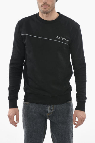 Brushed Cotton Crewneck Sweatshirt With Reflective Logo Print