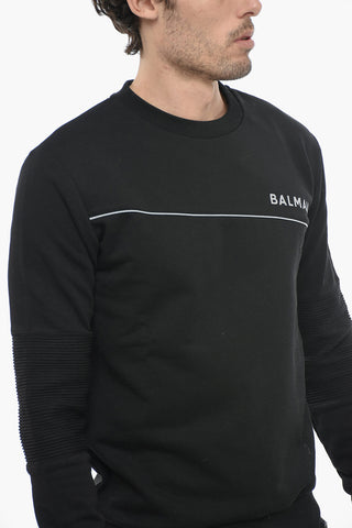 Brushed Cotton Crewneck Sweatshirt With Reflective Logo Print