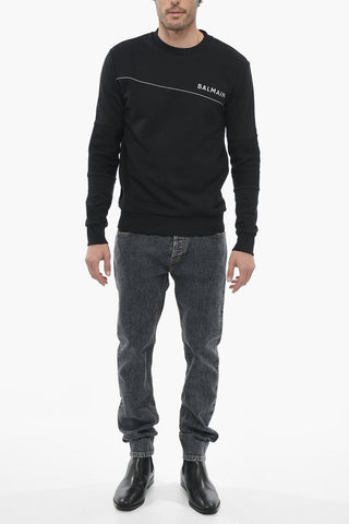 Brushed Cotton Crewneck Sweatshirt With Reflective Logo Print