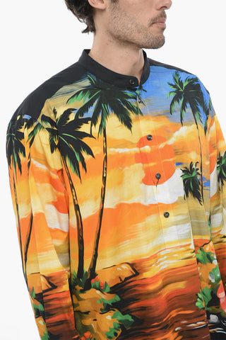 Camicia in Cotone Stampato BLACK SICILY con Collo Coreano