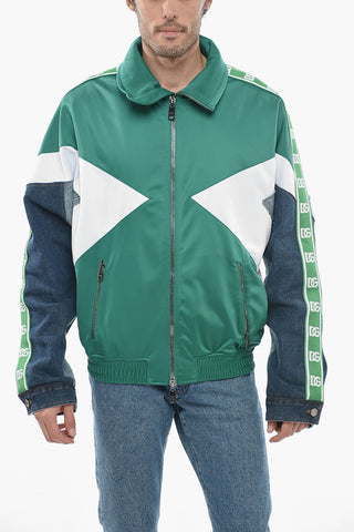 Two-tone Bomber Jacket with Denim Sleeves and Logoed Bands