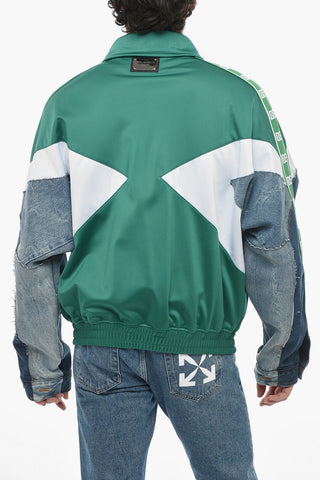 Two-tone Bomber Jacket with Denim Sleeves and Logoed Bands